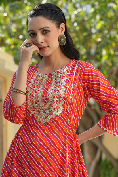 Multi Cambric Printed Embroidered Flared Dress