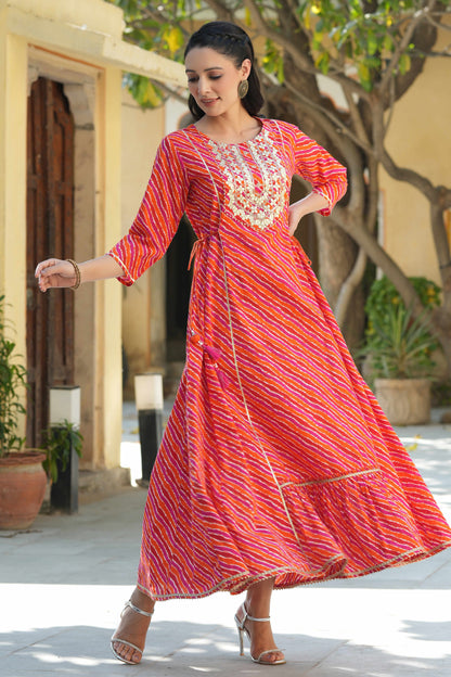 Multi Cambric Printed Embroidered Flared Dress