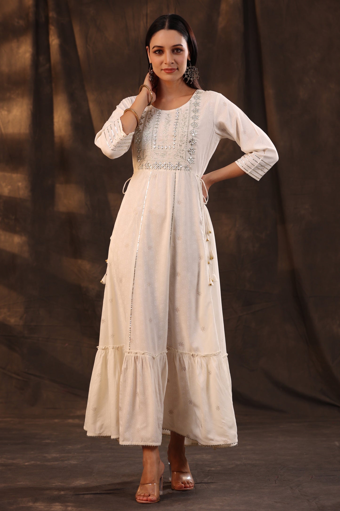 Ivory Rayon Staple Printed Embroidered Flared Dress