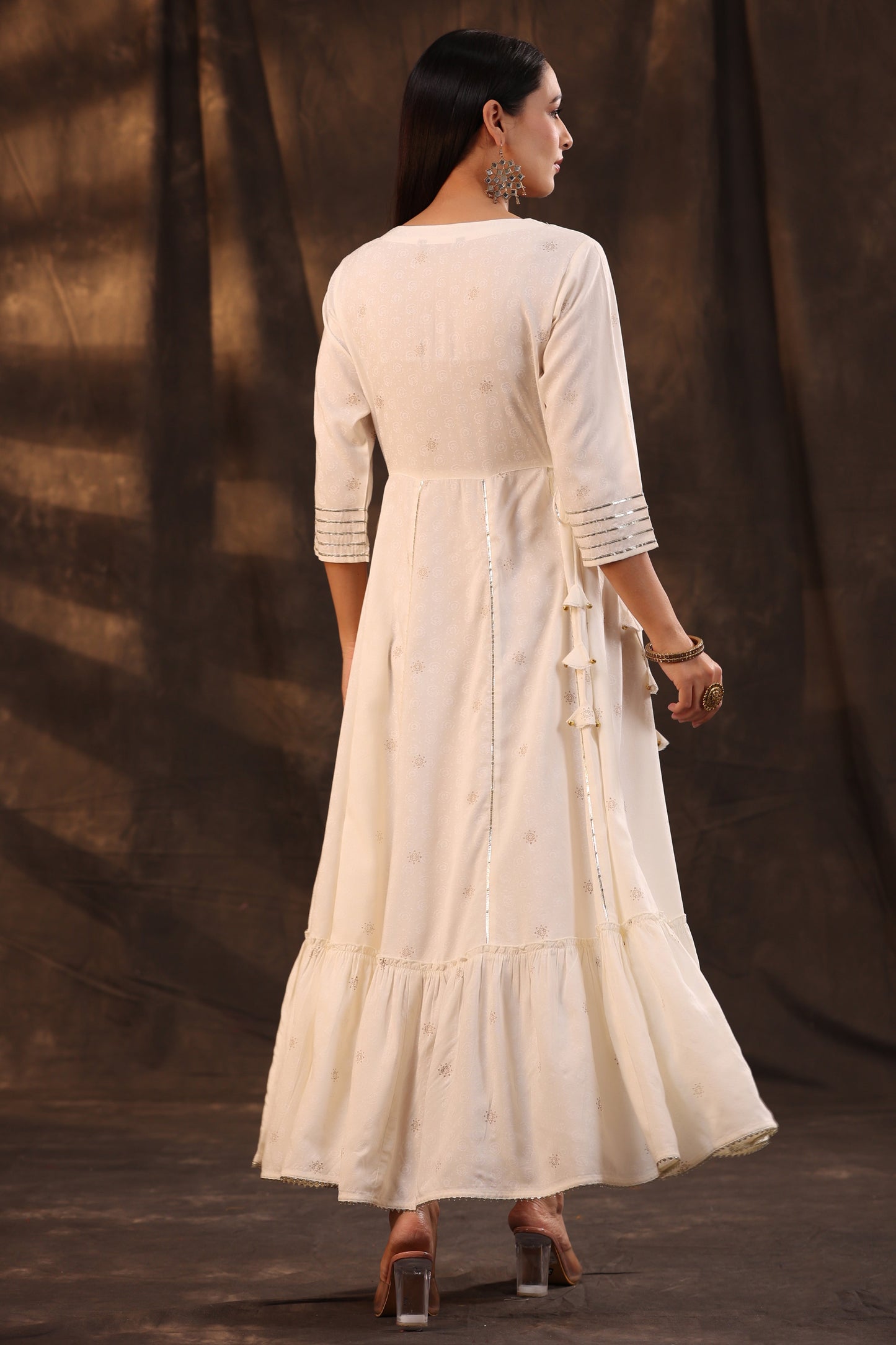 Ivory Rayon Staple Printed Embroidered Flared Dress