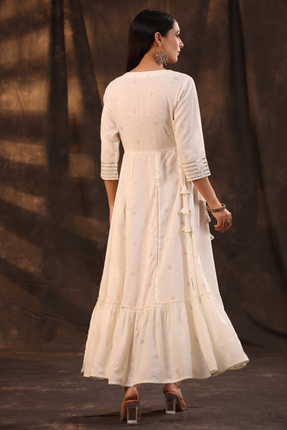 Ivory Rayon Staple Printed Embroidered Flared Dress