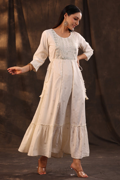 Ivory Rayon Staple Printed Embroidered Flared Dress