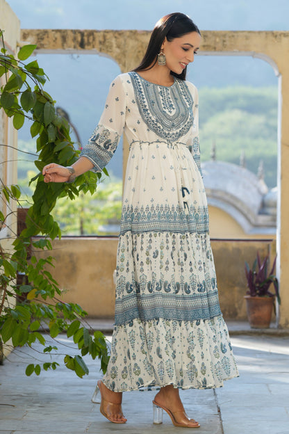 Off-White Georgette Printed Embroidered Flared Dress
