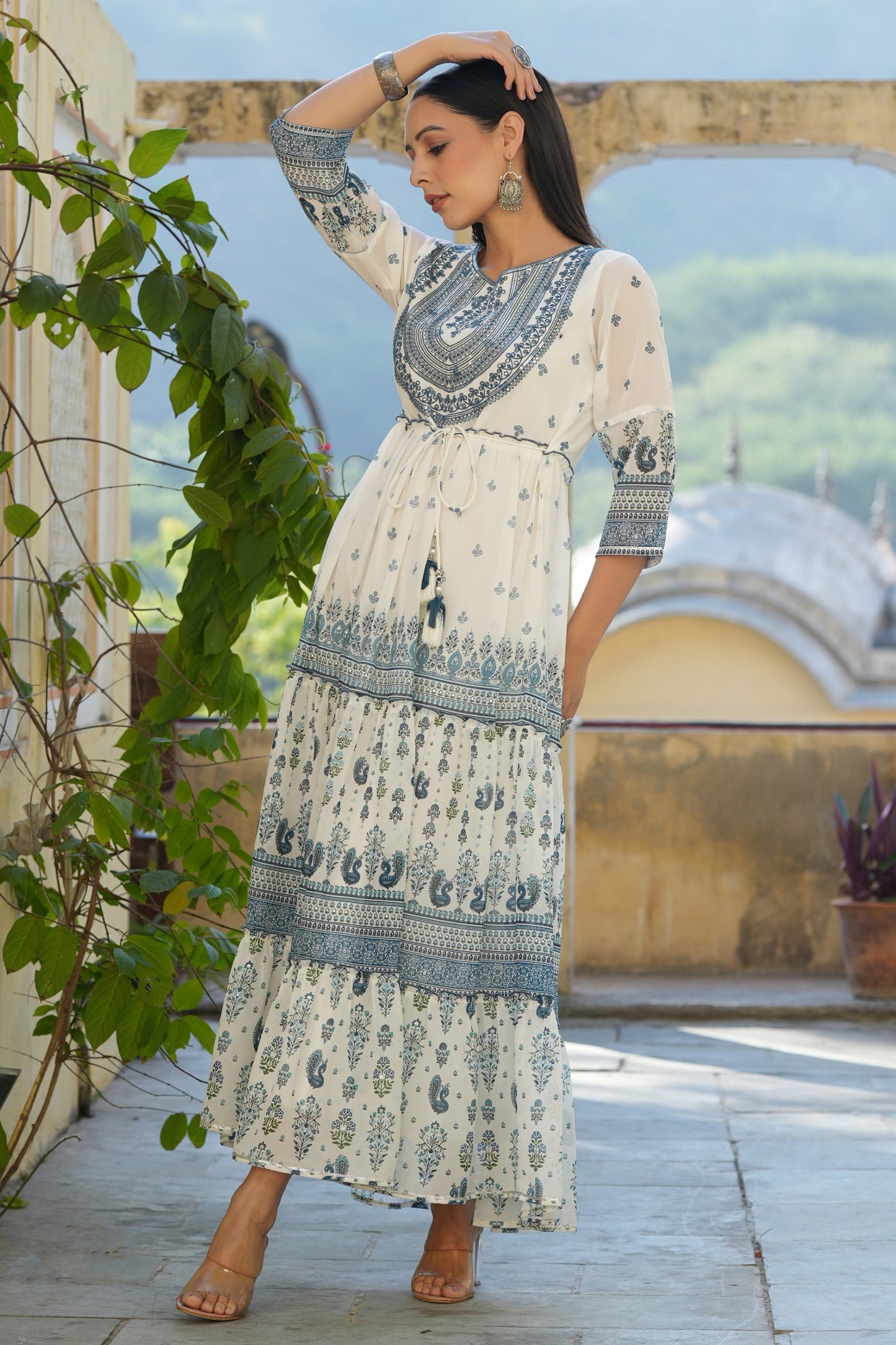 Off-White Georgette Printed Embroidered Flared Dress
