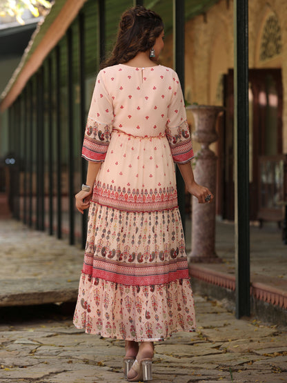 Peach Georgette Floral Embroidery Maxi Dress