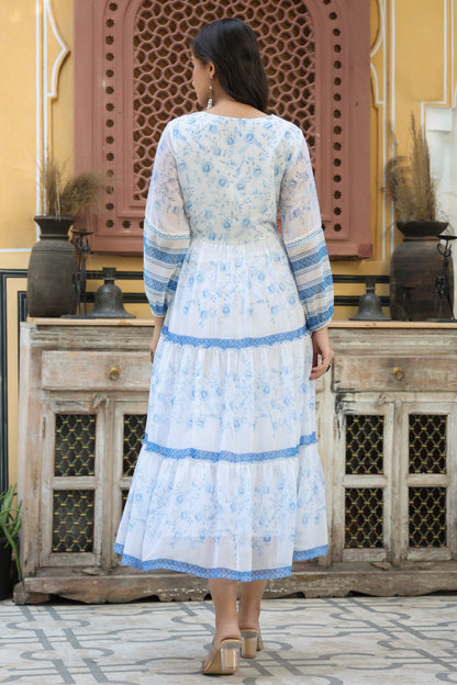 Off-White Chiffon Printed Tiered Dress