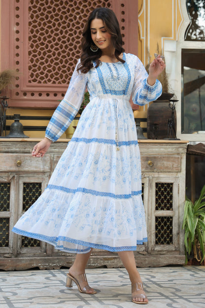 Off-White Chiffon Printed Tiered Dress