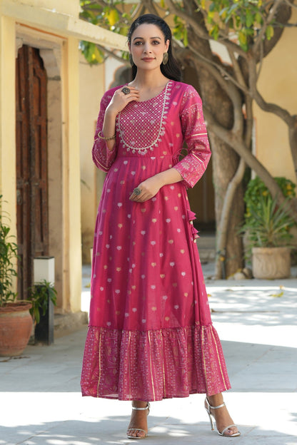 Fuchsia Mono Viscose Printed  With Embroidery Flared Dress