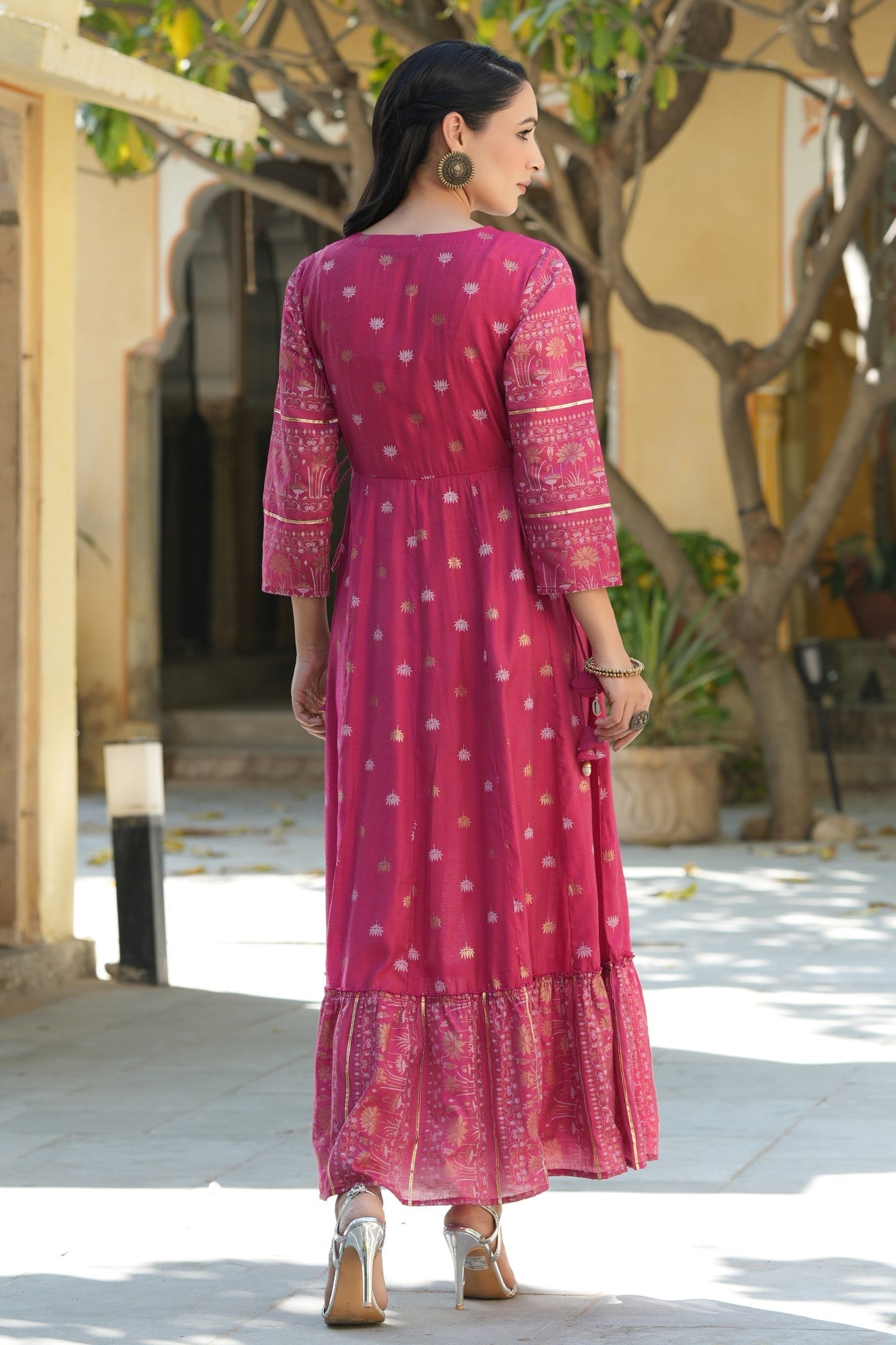 Fuchsia Mono Viscose Printed  With Embroidery Flared Dress