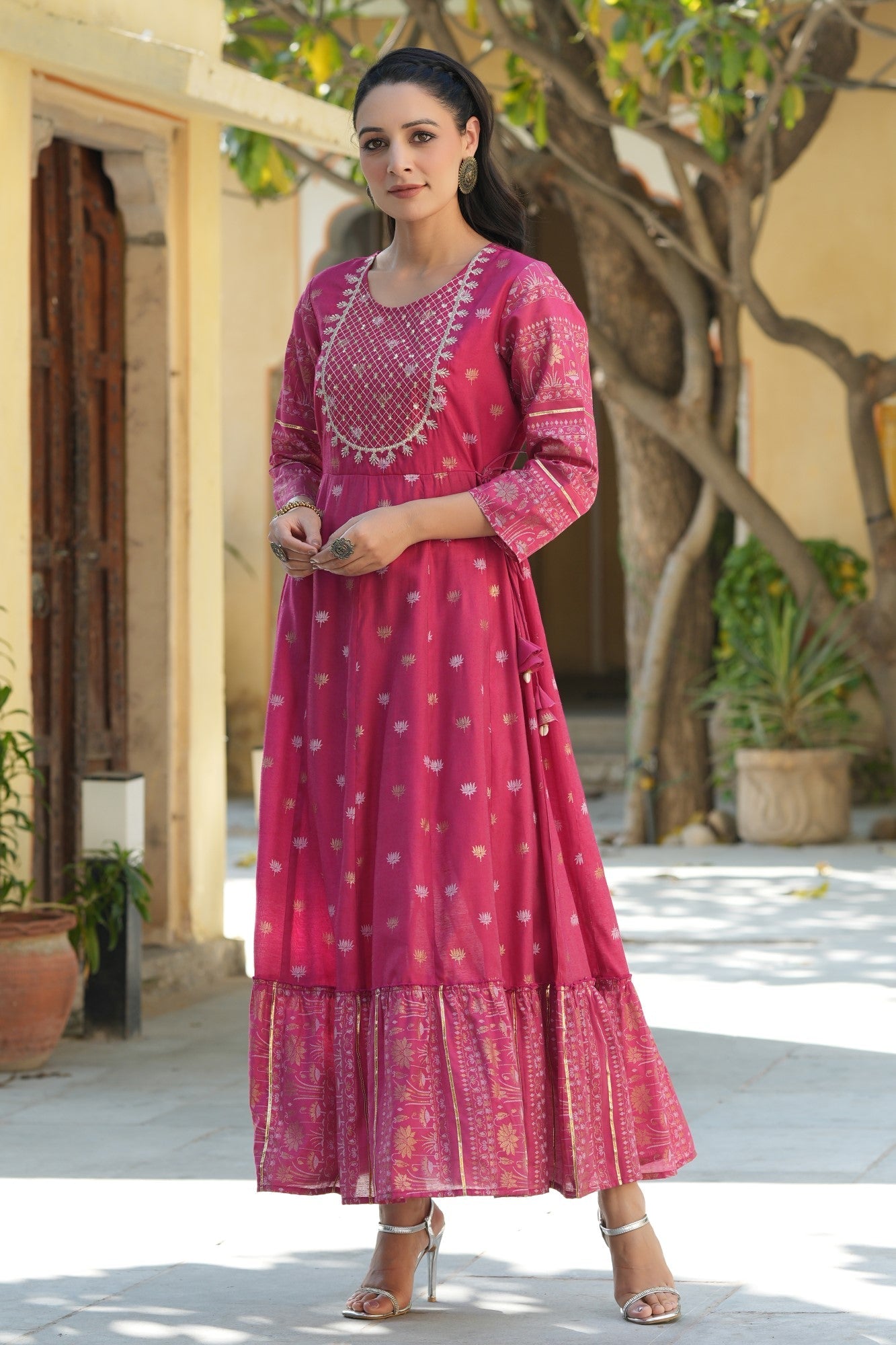 Fuchsia Mono Viscose Printed  With Embroidery Flared Dress