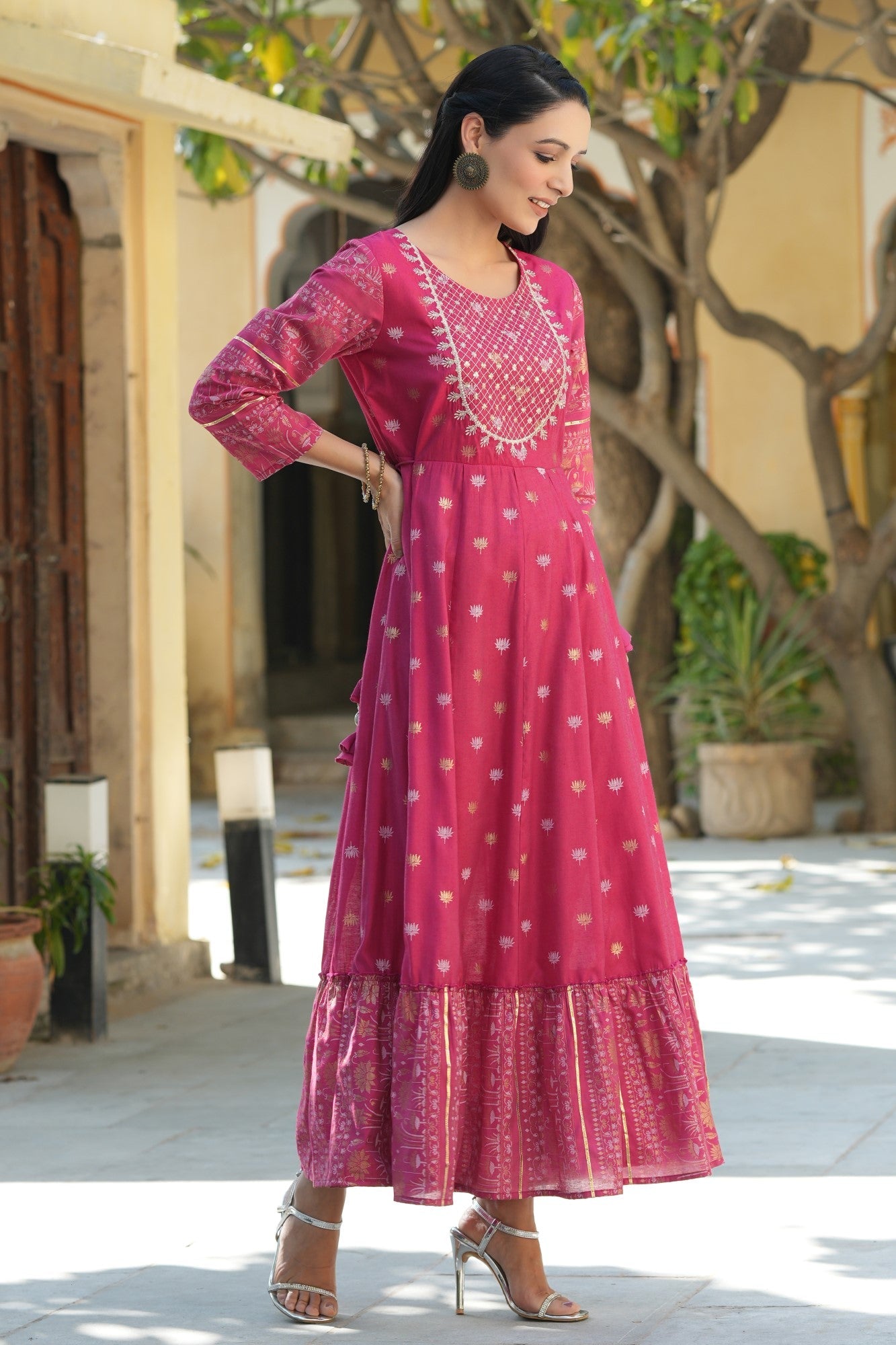 Fuchsia Mono Viscose Printed  With Embroidery Flared Dress