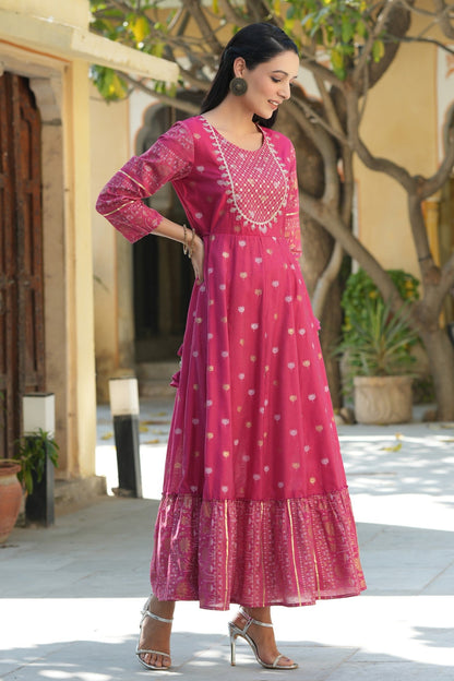 Fuchsia Mono Viscose Printed  With Embroidery Flared Dress