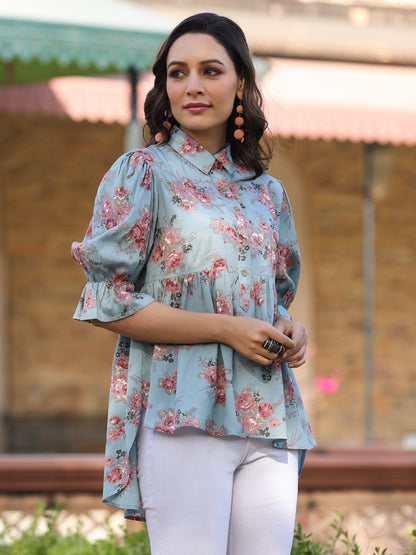 Blue Shantoon Floral Printed High & Low Peplum Tunic