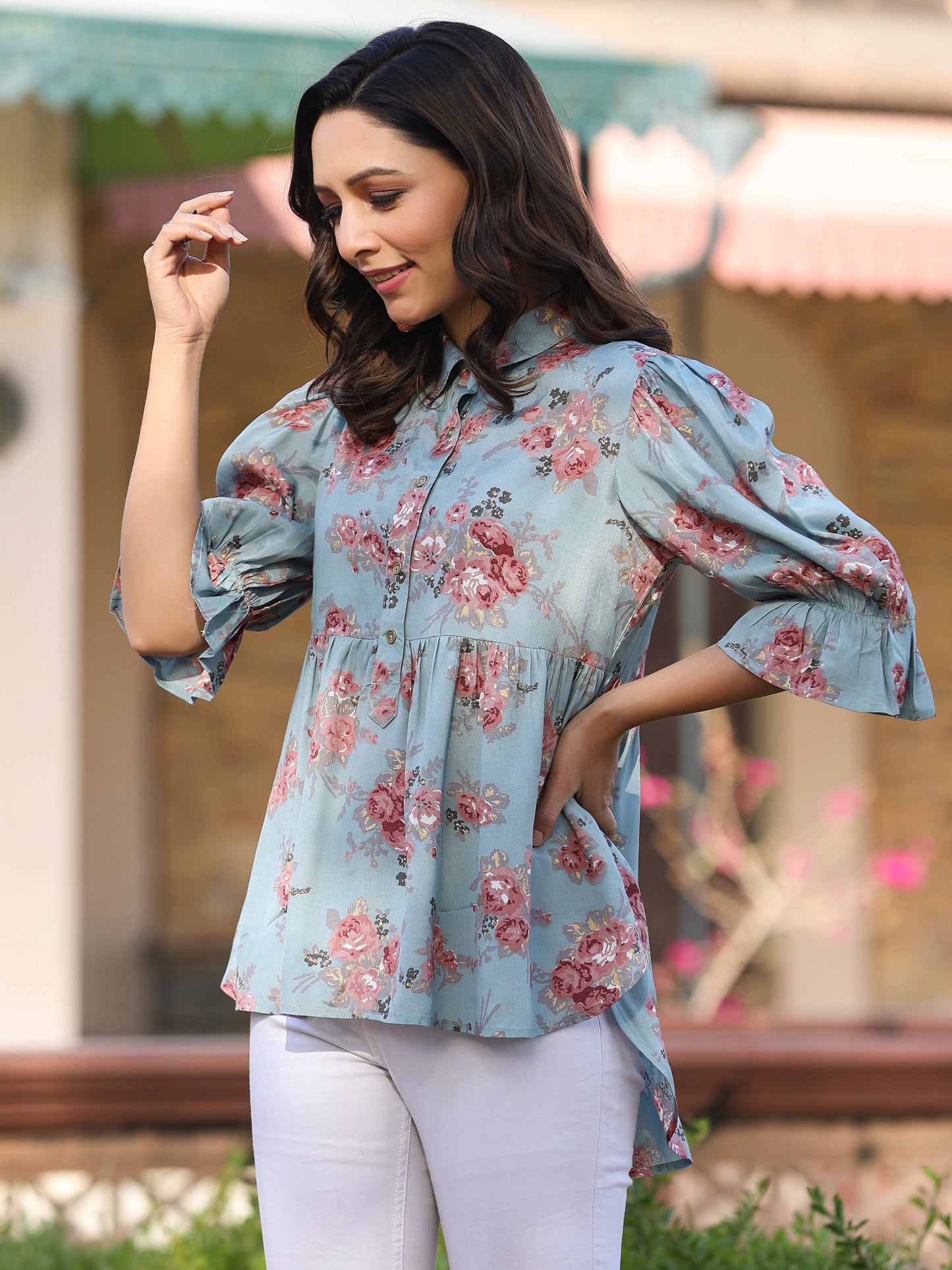 Blue Shantoon Floral Printed High & Low Peplum Tunic