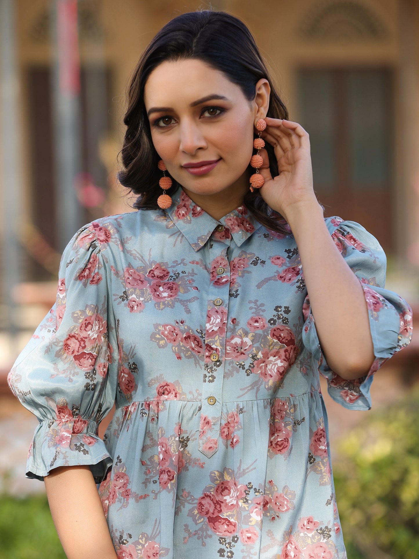 Blue Shantoon Floral Printed High & Low Peplum Tunic