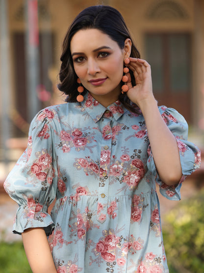 Blue Shantoon Floral Printed High & Low Peplum Tunic