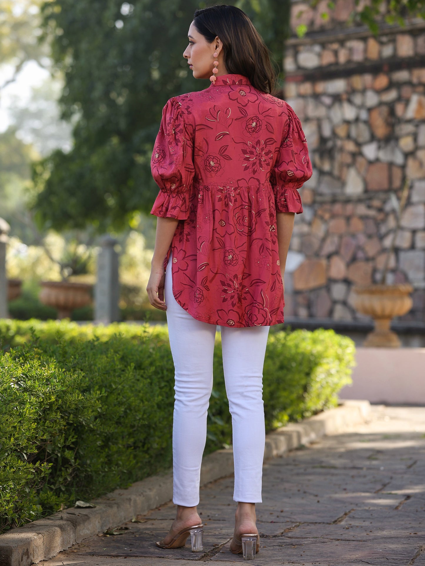 Rust Shantoon Floral Printed High & Low Peplum Tunic