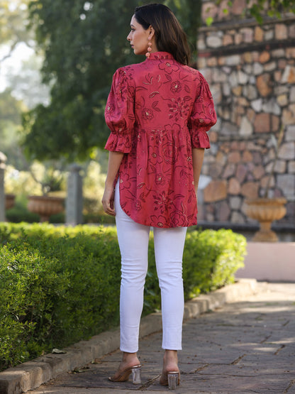 Rust Shantoon Floral Printed High & Low Peplum Tunic