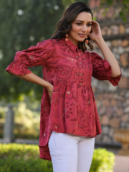 Rust Shantoon Floral Printed High & Low Peplum Tunic