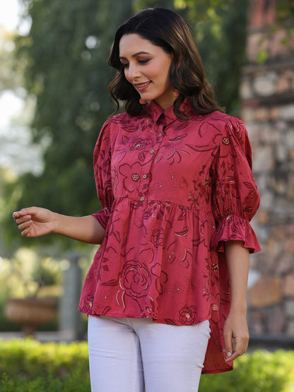 Rust Shantoon Floral Printed High & Low Peplum Tunic