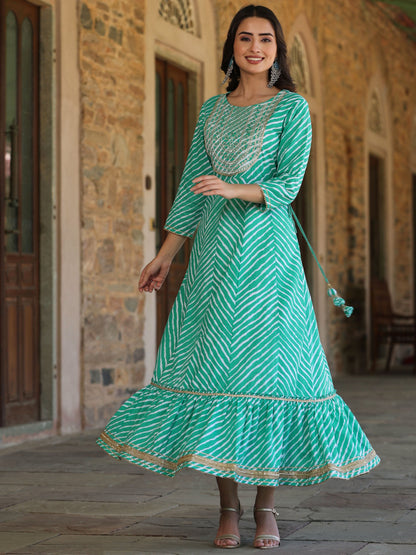 Green Printed Embroidered Mirror Work Sequin Cotton Flared Dress