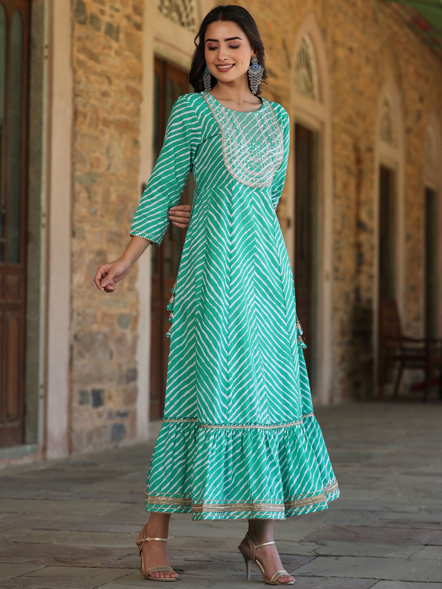 Green Printed Embroidered Mirror Work Sequin Cotton Flared Dress