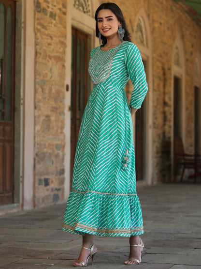 Green Printed Embroidered Mirror Work Sequin Cotton Flared Dress