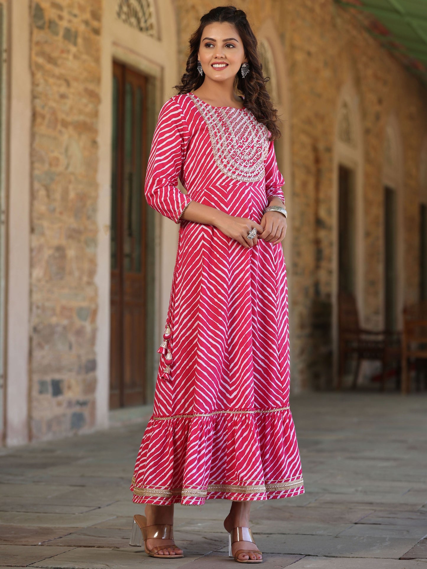 Fuchsia Printed Embroidered Mirror Work Sequin Cotton Flared Dress