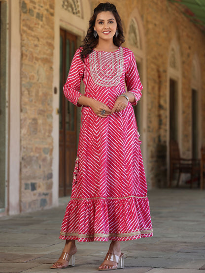 Fuchsia Printed Embroidered Mirror Work Sequin Cotton Flared Dress
