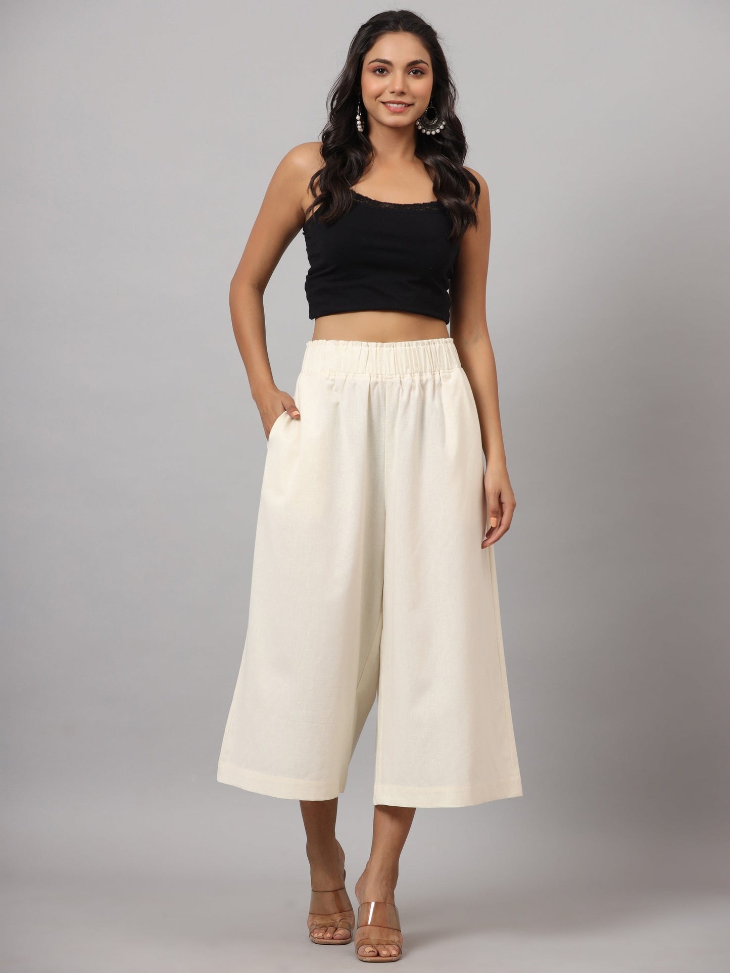 Ivory Cotton Flex Flared Culottes