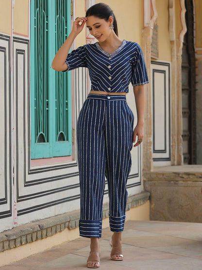 Indigo Cotton Flex Striped Printed Clothing Set