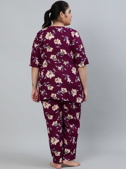 Plus Size Women Burgundy Floral Printed Night Suit With Half Sleeves