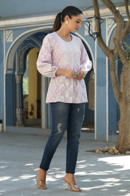 Lavender Cambric Placement Floral Printed Tunic