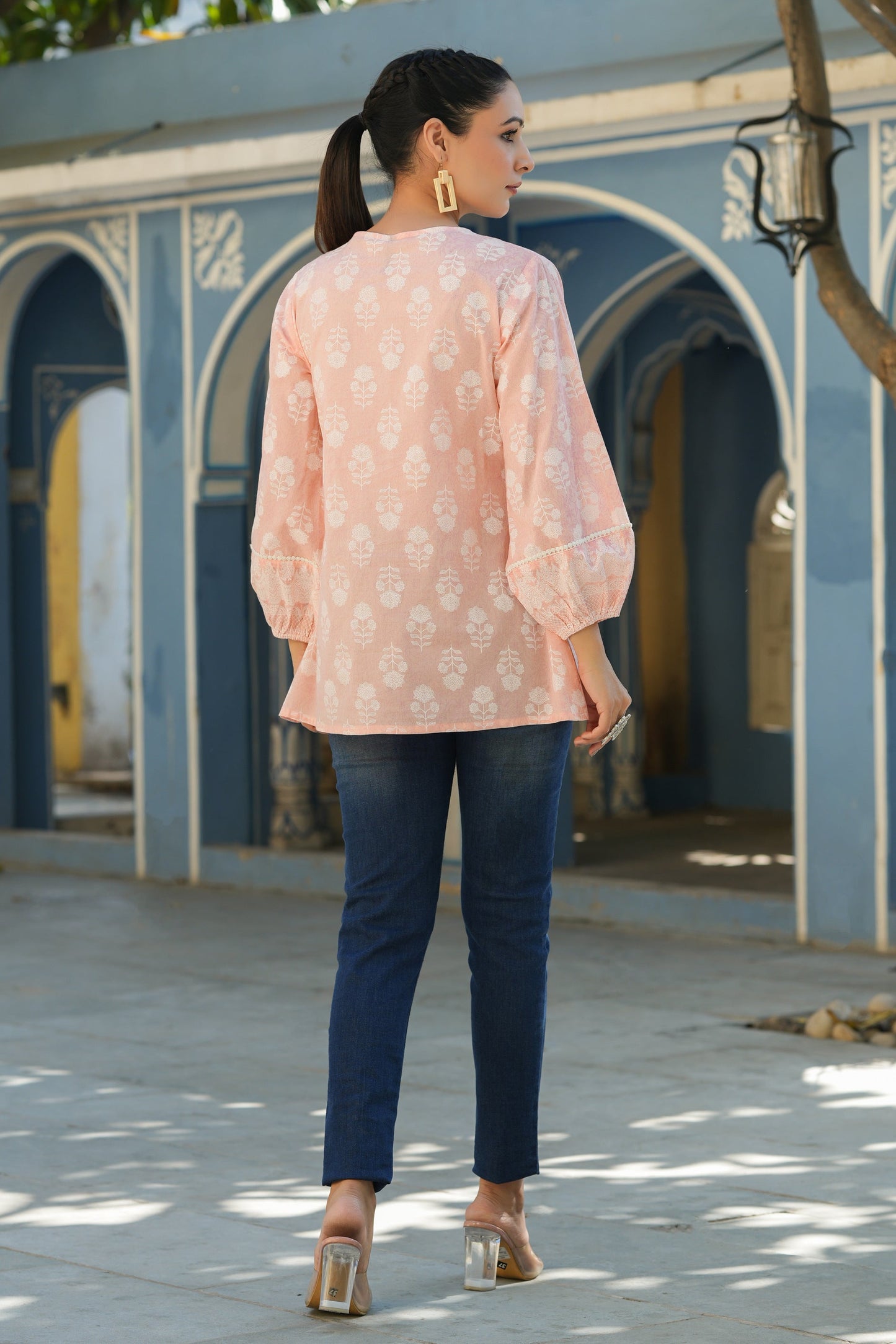 Peach Cambric Placement Floral Printed Tunic