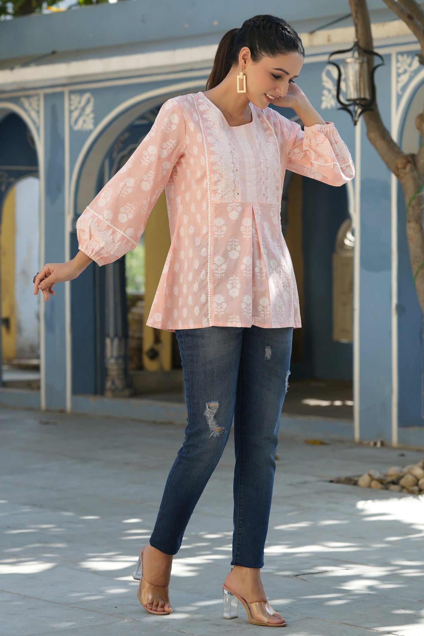Peach Cambric Placement Floral Printed Tunic