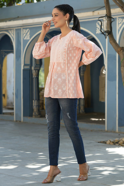 Peach Cambric Placement Floral Printed Tunic