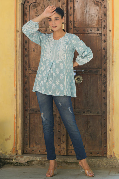 Skyblue Cambric Placement Floral Printed Tunic