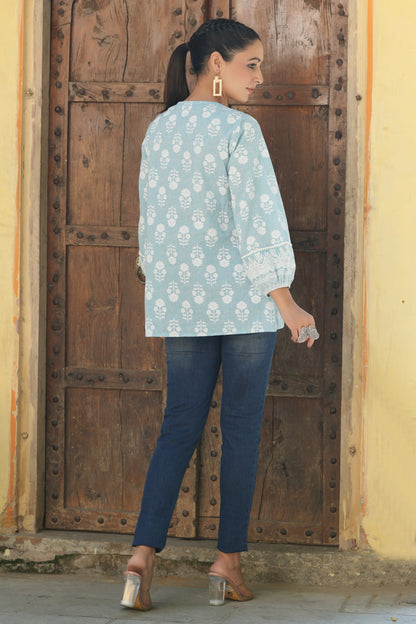 Skyblue Cambric Placement Floral Printed Tunic