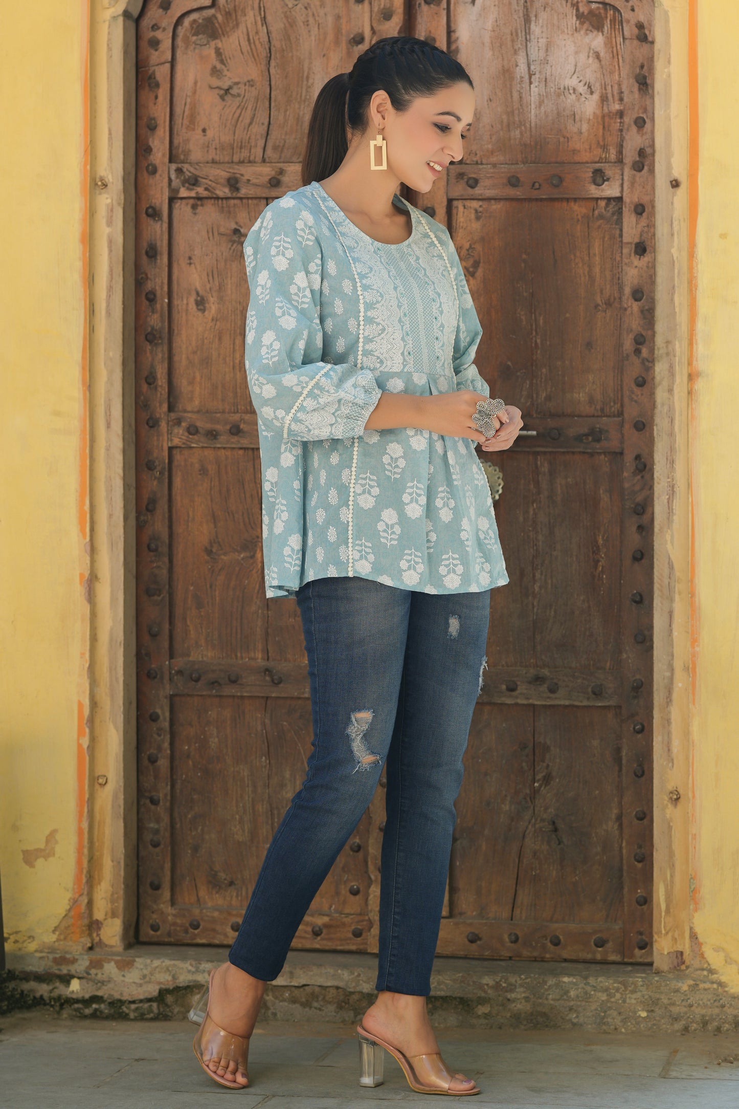 Skyblue Cambric Placement Floral Printed Tunic