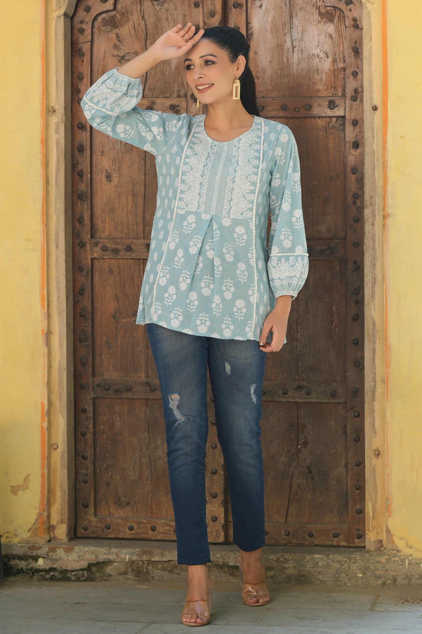 Skyblue Cambric Placement Floral Printed Tunic