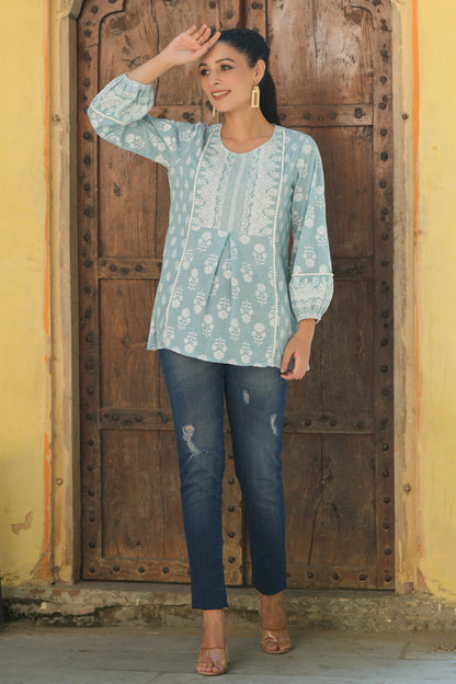 Skyblue Cambric Placement Floral Printed Tunic