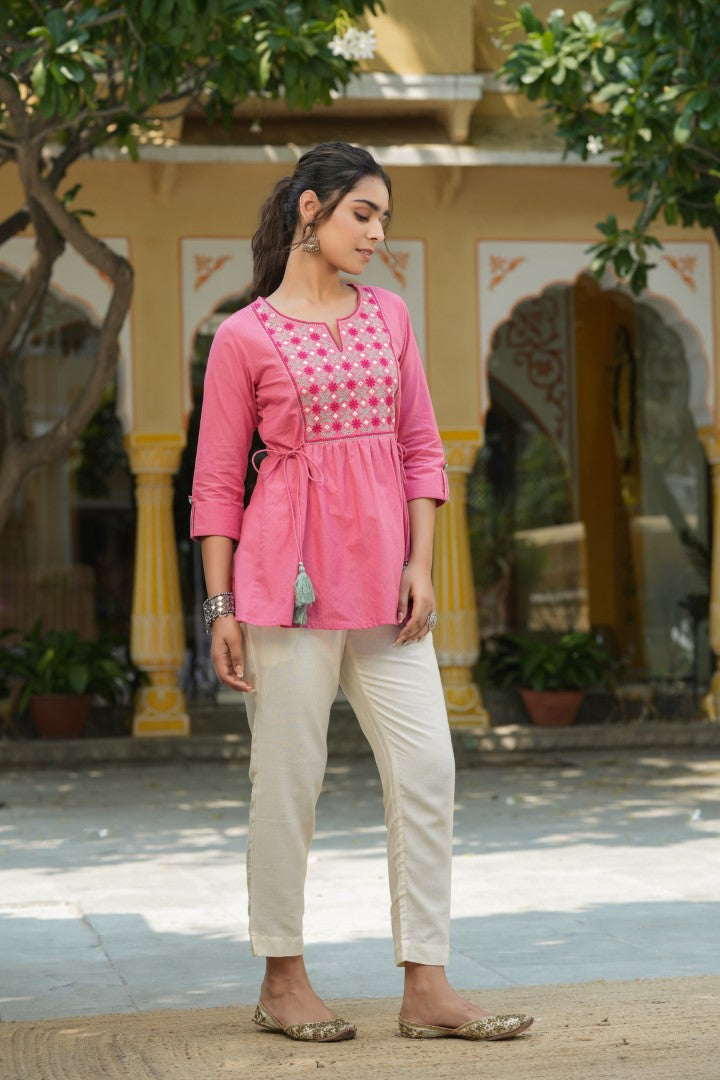 Pink Cotton Dobby Embroidered A-Line Tunic