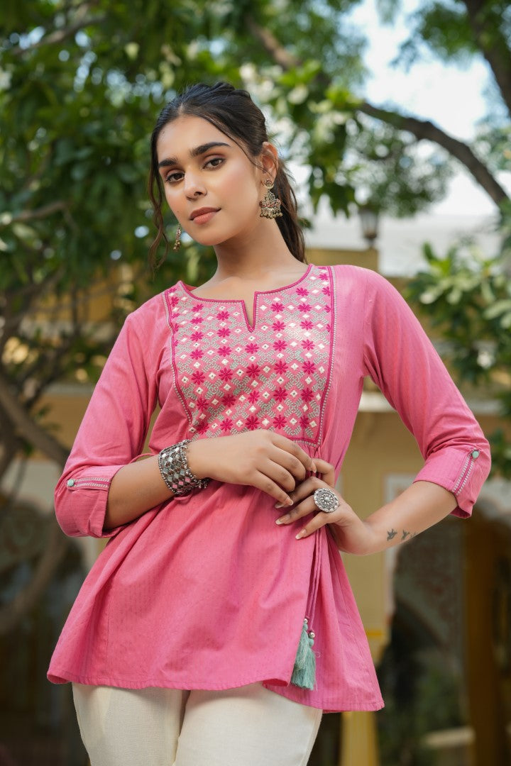 Pink Cotton Dobby Embroidered A-Line Tunic