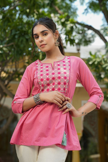 Pink Cotton Dobby Embroidered A-Line Tunic