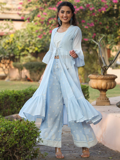 Powderblue Rayon Solid With Printed Flared Kurta Sets