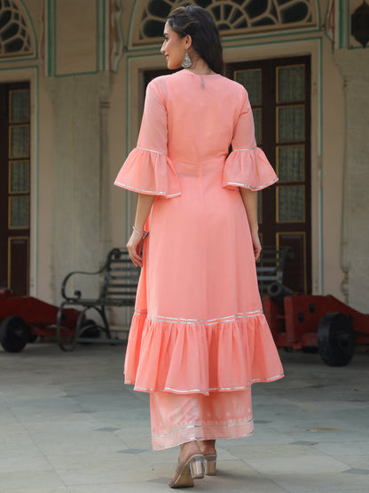 Peach Rayon Solid With Printed Flared Kurta Sets