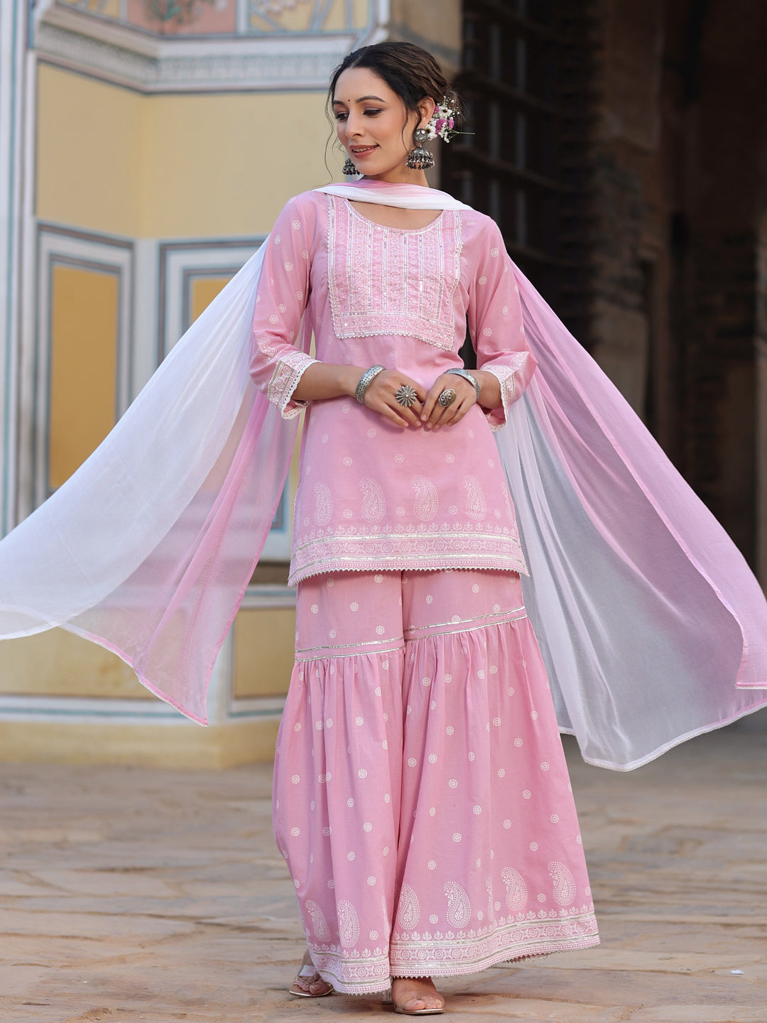 Pink Cambric Floral Print Kurta Sharara Sets