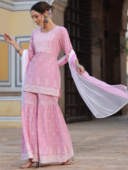 Pink Cambric Floral Print Kurta Sharara Sets