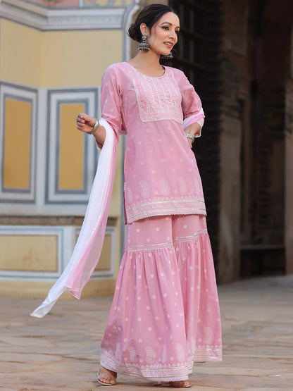 Pink Cambric Floral Print Kurta Sharara Sets