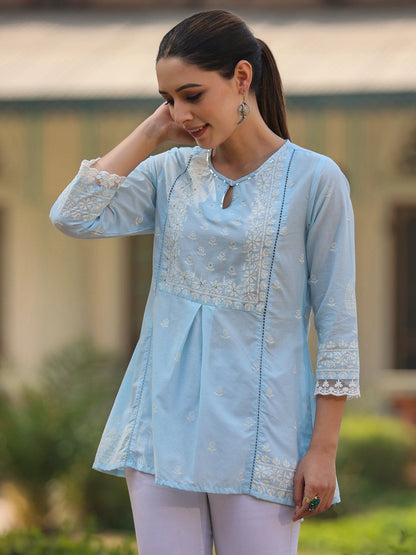 Powderblue Cambric Floral Printed Tunic